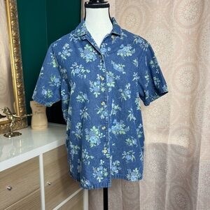 Classic Elements Vintage Denim Blue Floral Button Up Blouse 100% Cotton Sz Med